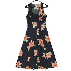 Vtg 90s Rampage Floral Midi Dress‎ sz 5 Jr Women Black Orange Button Up Boho Y2K